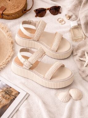 Dolce Vita Drake Platform Sandals Cream Raffia Strappy Size 7.5 EUC